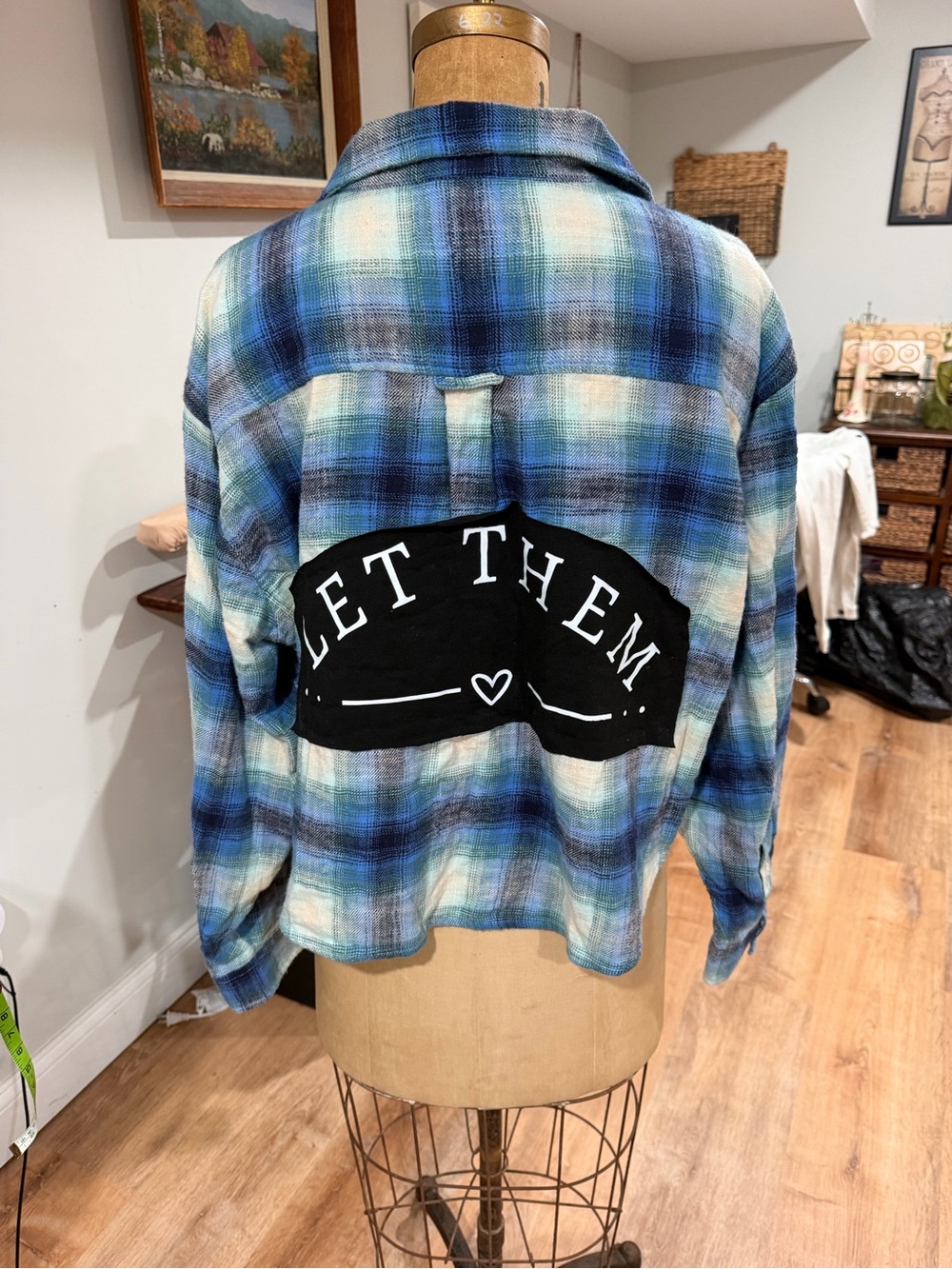 American Eagle Outfitters Blue Plaid Button-Down Shirt with Black Patch
